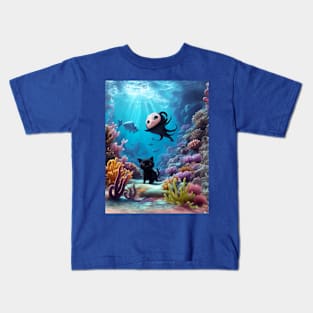 Black Kitten in Underwater Fantasy World Kids T-Shirt